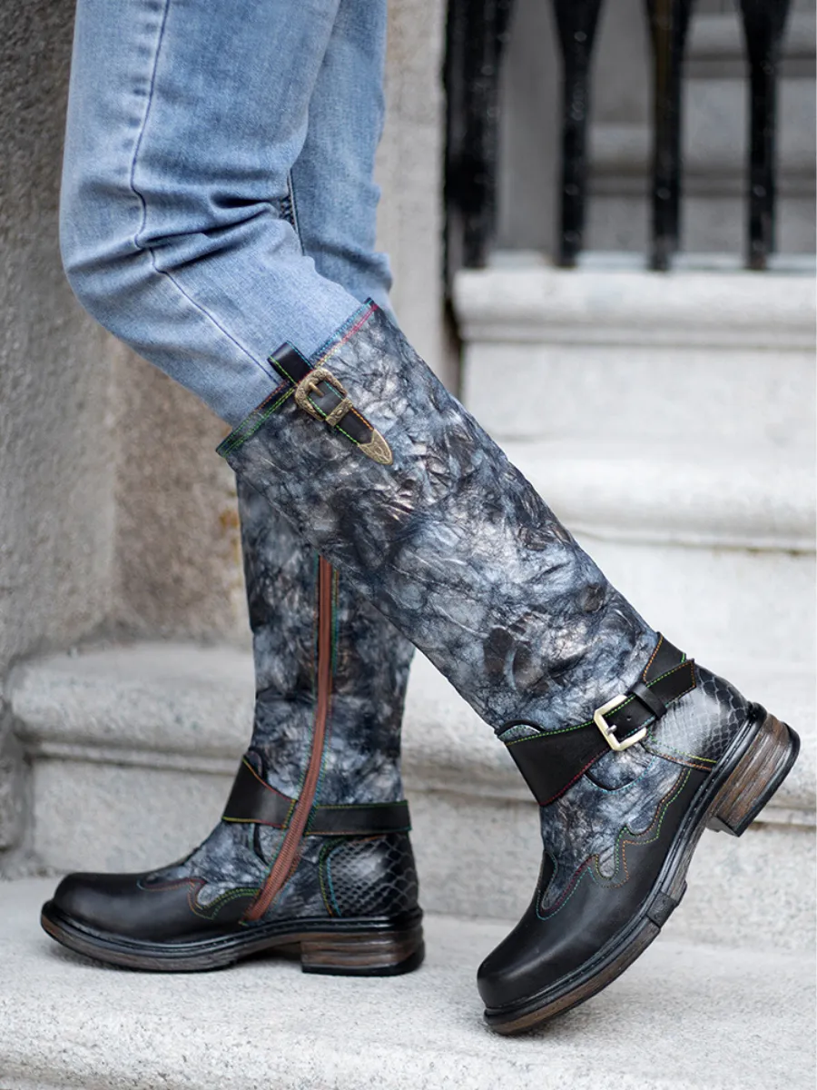 Genuine Leather Grey Wrinkled Iliyah Accent Leather Knee High Riding Flat Boots