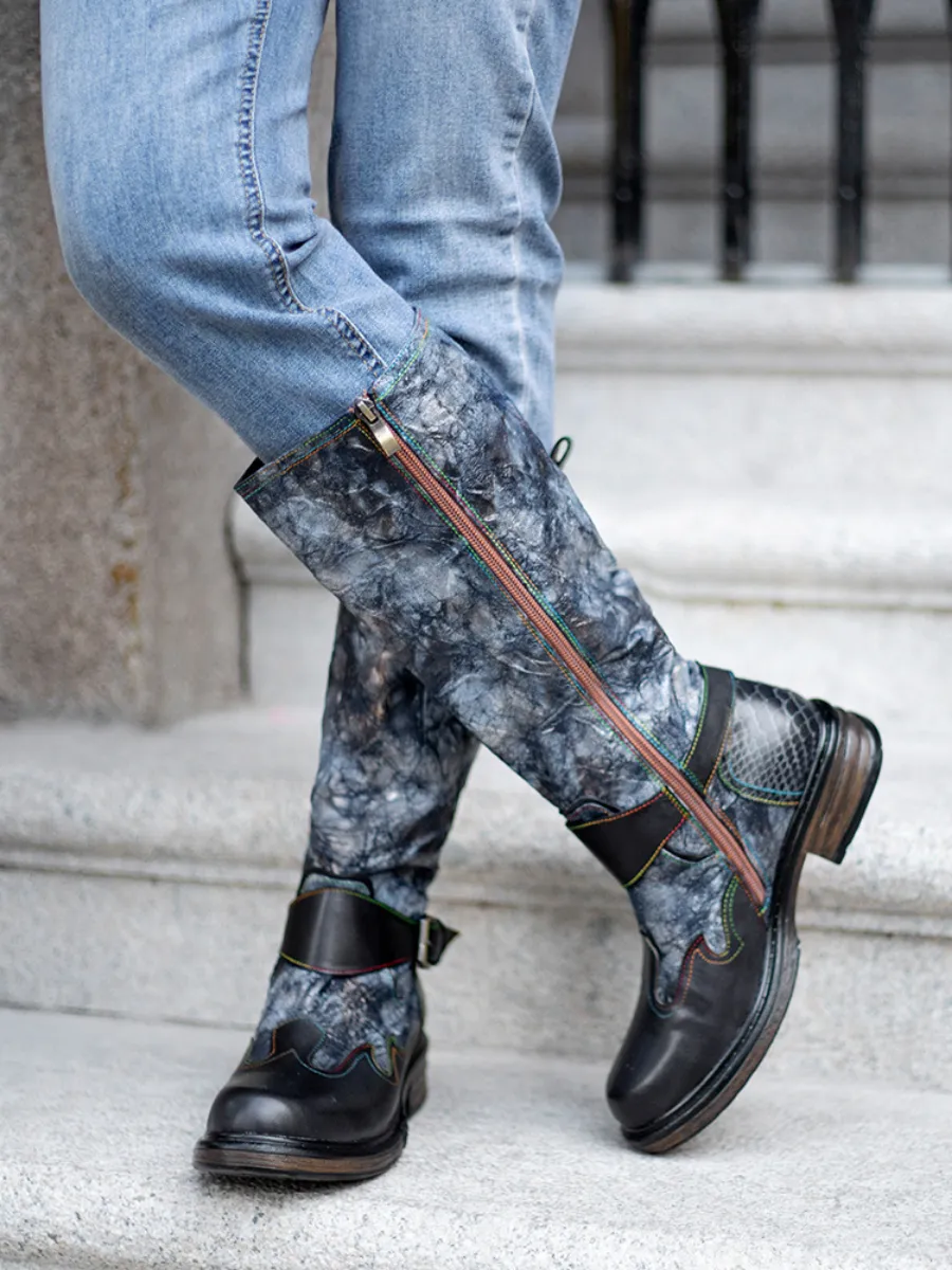 Genuine Leather Grey Wrinkled Iliyah Accent Leather Knee High Riding Flat Boots