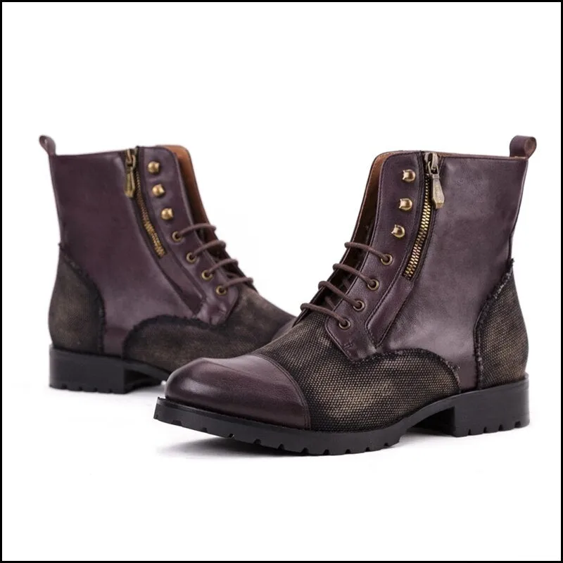 Genuine Leather Man High-Top Riding  Platform Shoes Round Toe Men's Handmade Military Ankle Boots