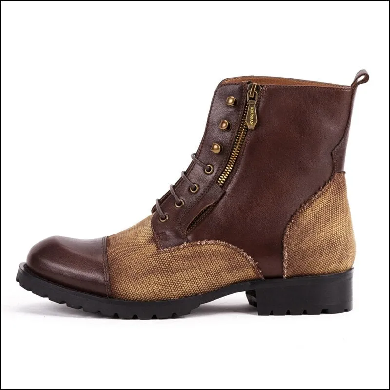 Genuine Leather Man High-Top Riding  Platform Shoes Round Toe Men's Handmade Military Ankle Boots