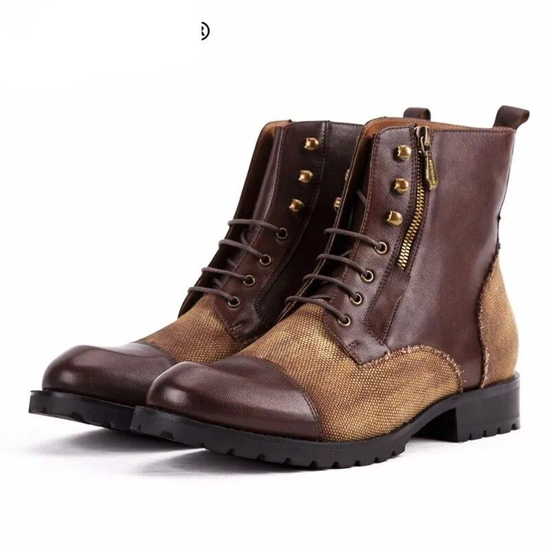 Genuine Leather Man High-Top Riding  Platform Shoes Round Toe Men's Handmade Military Ankle Boots