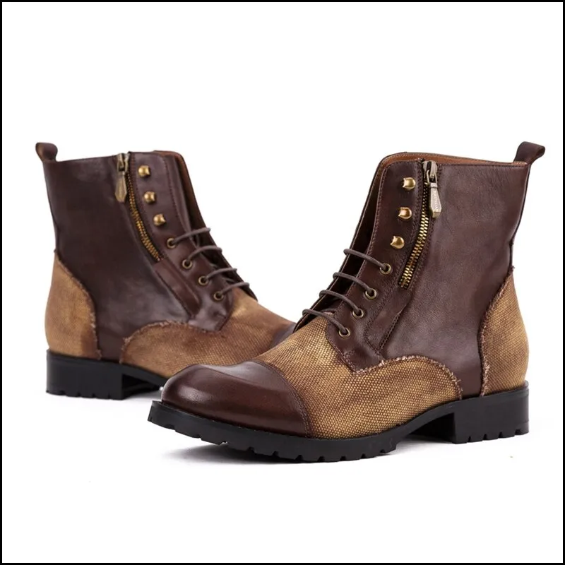 Genuine Leather Man High-Top Riding  Platform Shoes Round Toe Men's Handmade Military Ankle Boots