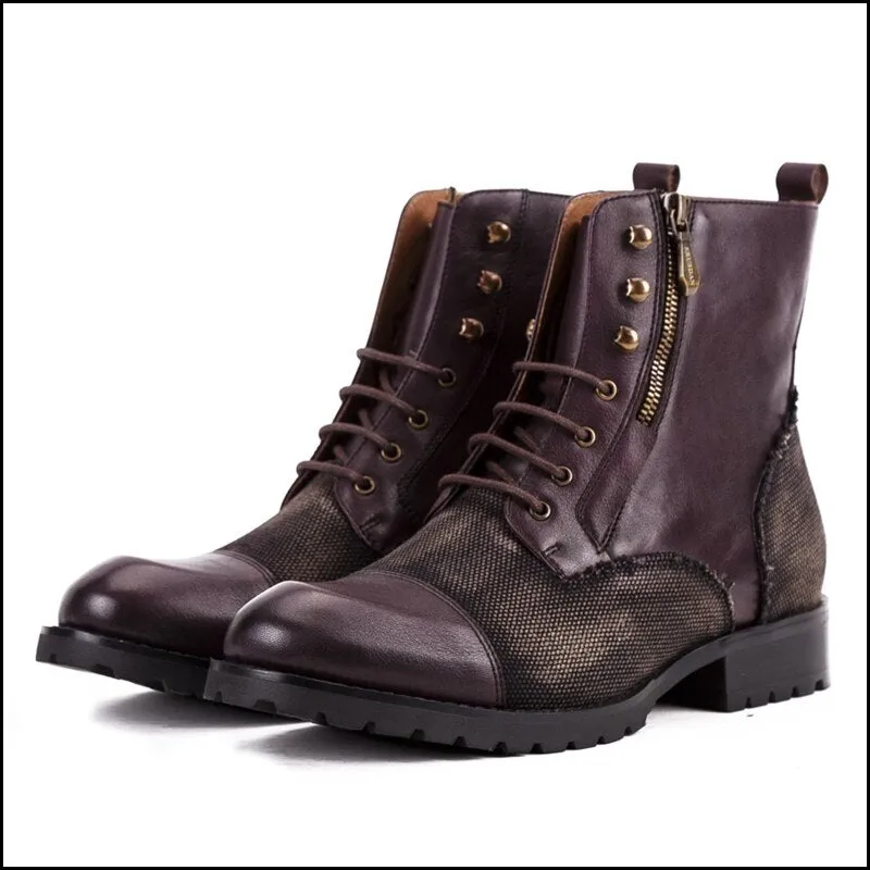 Genuine Leather Man High-Top Riding  Platform Shoes Round Toe Men's Handmade Military Ankle Boots