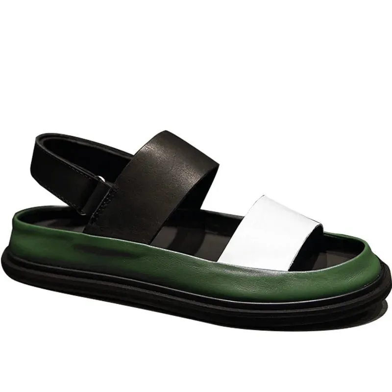 Italian Men's Mixed-Color Leather Gladiator Sandals with Thick Platform