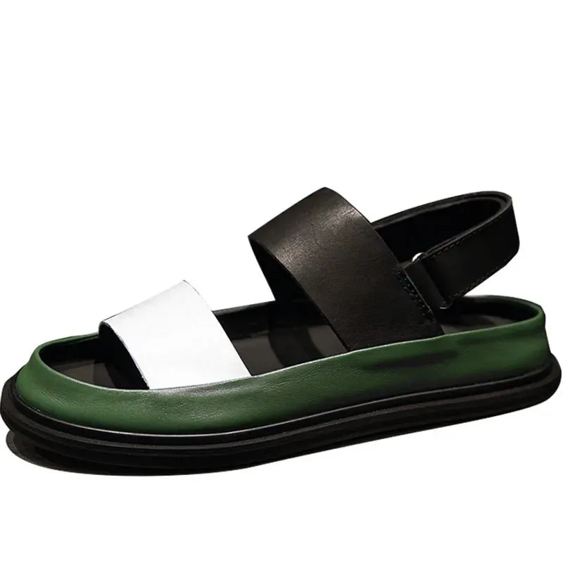 Italian Men's Mixed-Color Leather Gladiator Sandals with Thick Platform