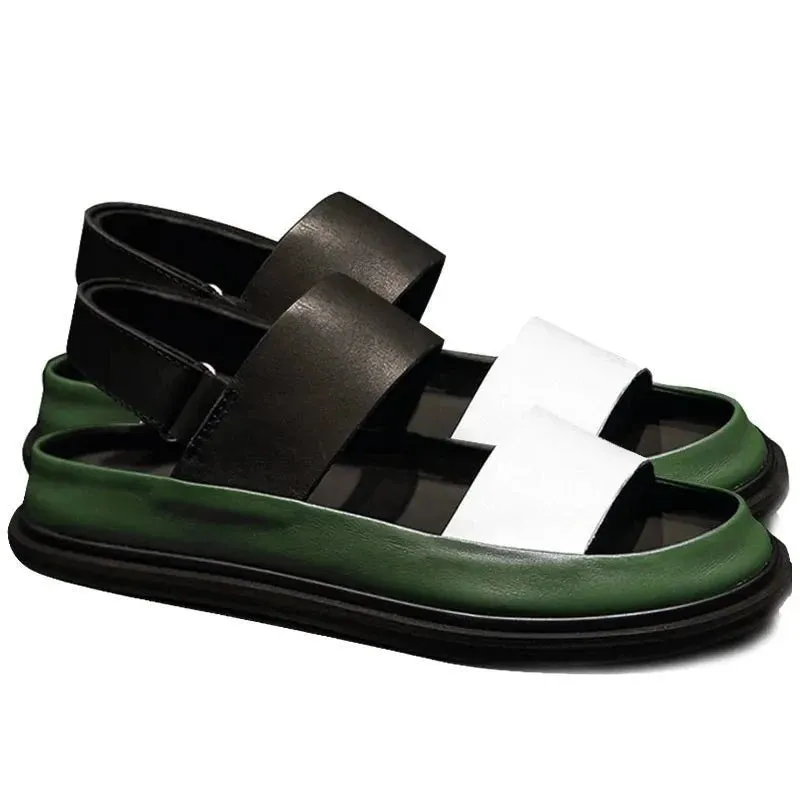 Italian Men's Mixed-Color Leather Gladiator Sandals with Thick Platform