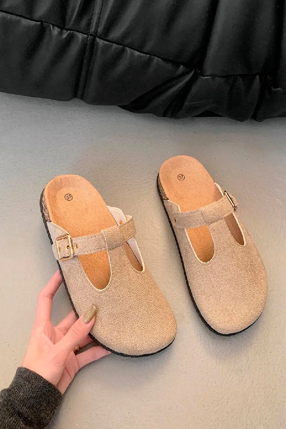 KHAKI ROUND TOE BUCKLE STRAP CLOGS MULES SLIDER SANDALS