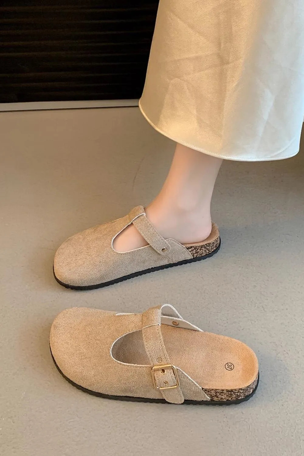 KHAKI ROUND TOE BUCKLE STRAP CLOGS MULES SLIDER SANDALS