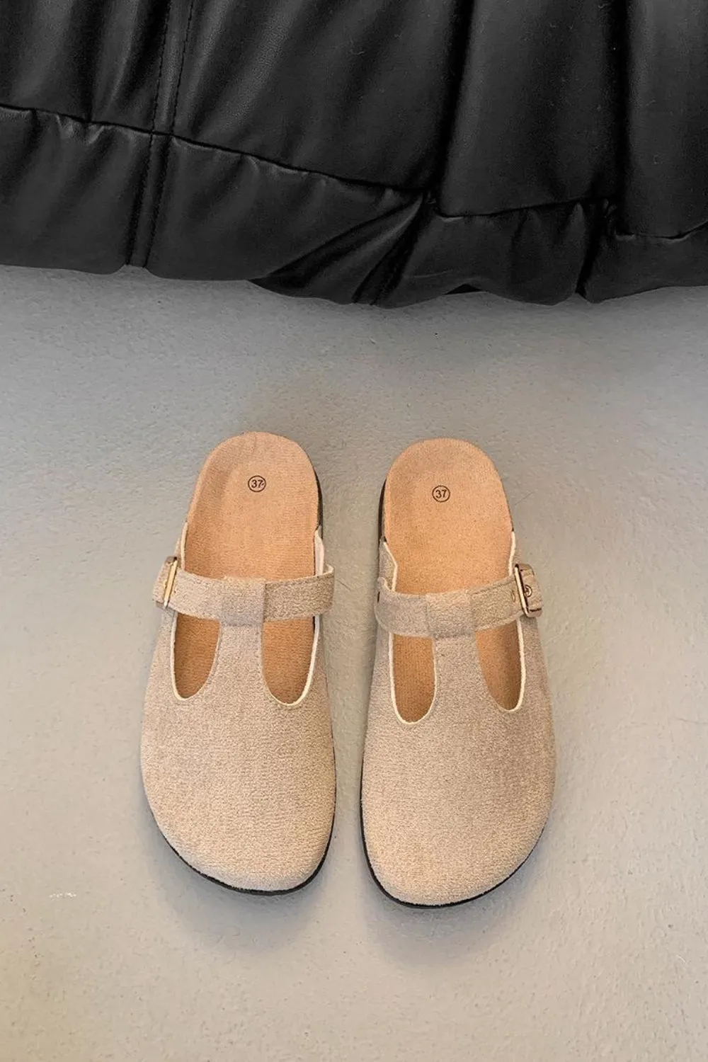 KHAKI ROUND TOE BUCKLE STRAP CLOGS MULES SLIDER SANDALS