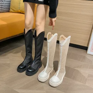 Knight Boots Women's Thick Leg Large Tube Circumference Summer Thin Mesh Boots Boots Mid-Calf Pointed Toe Mesh Boots Hollow Breathable