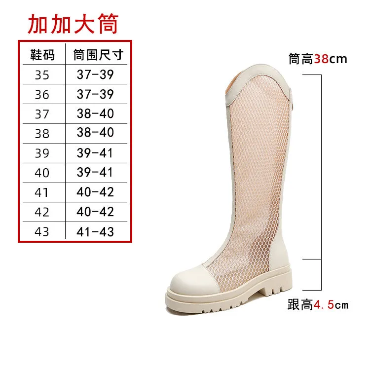 Knight Boots Women's Thick Leg Large Tube Circumference Summer Thin Mesh Boots Boots Mid-Calf Pointed Toe Mesh Boots Hollow Breathable