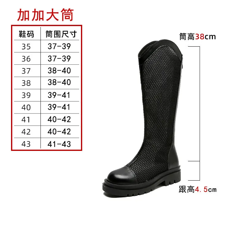 Knight Boots Women's Thick Leg Large Tube Circumference Summer Thin Mesh Boots Boots Mid-Calf Pointed Toe Mesh Boots Hollow Breathable
