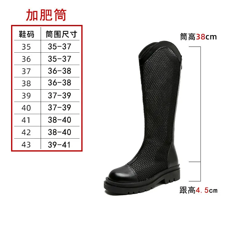 Knight Boots Women's Thick Leg Large Tube Circumference Summer Thin Mesh Boots Boots Mid-Calf Pointed Toe Mesh Boots Hollow Breathable