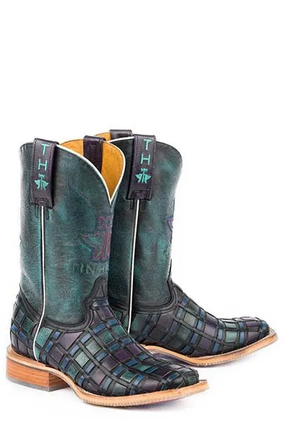 Ladies Tin Haul Entwined Distressed Turquoise Wide Square Toe Boot w/ Roses Obvious Sole