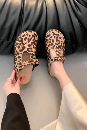 LEOPARD ROUND TOE BUCKLE STRAP CLOGS MULES SLIDER SANDALS