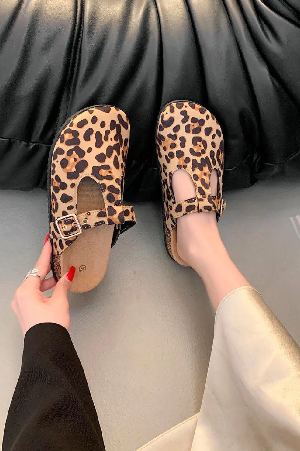 LEOPARD ROUND TOE BUCKLE STRAP CLOGS MULES SLIDER SANDALS
