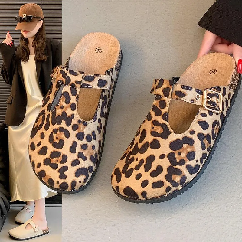 LEOPARD ROUND TOE BUCKLE STRAP CLOGS MULES SLIDER SANDALS