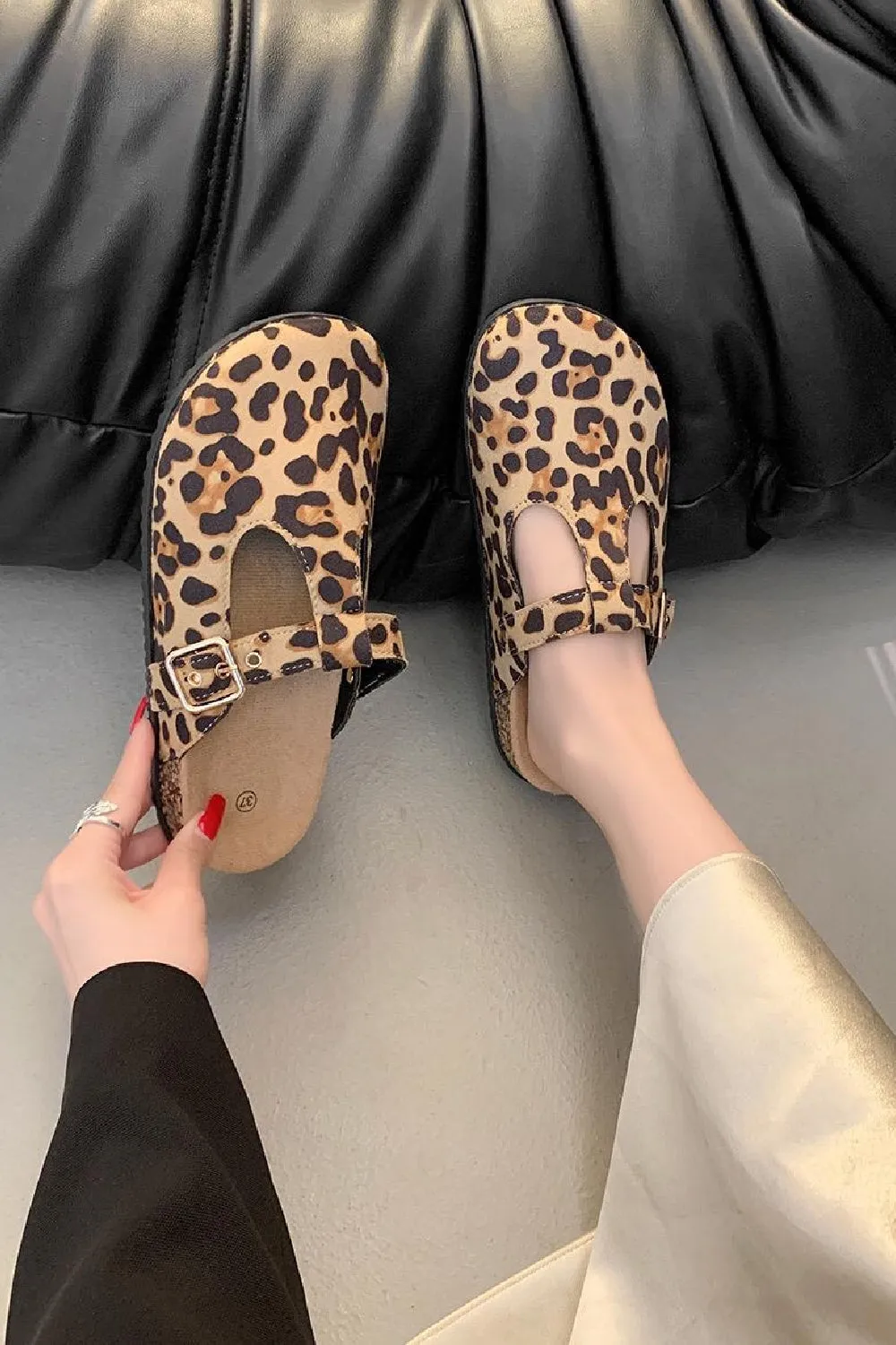 LEOPARD ROUND TOE BUCKLE STRAP CLOGS MULES SLIDER SANDALS