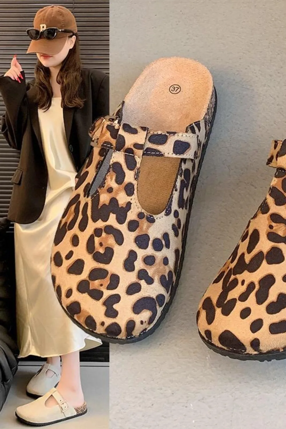LEOPARD ROUND TOE BUCKLE STRAP CLOGS MULES SLIDER SANDALS