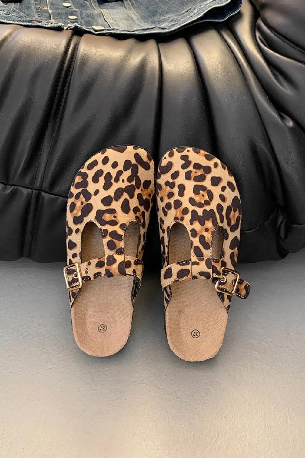 LEOPARD ROUND TOE BUCKLE STRAP CLOGS MULES SLIDER SANDALS