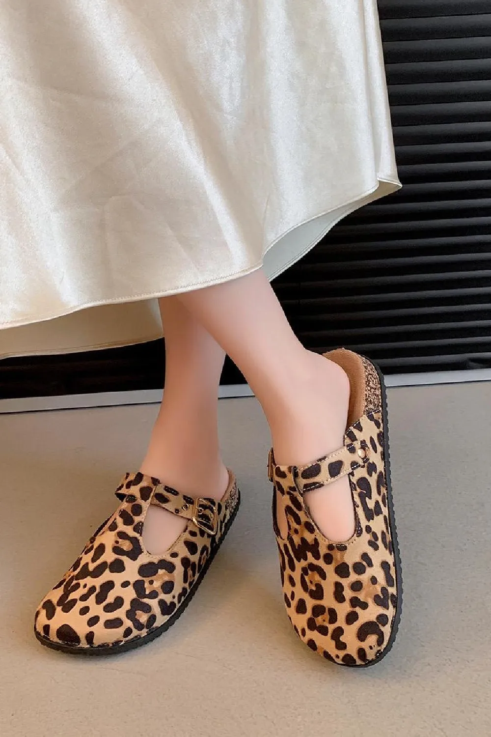 LEOPARD ROUND TOE BUCKLE STRAP CLOGS MULES SLIDER SANDALS