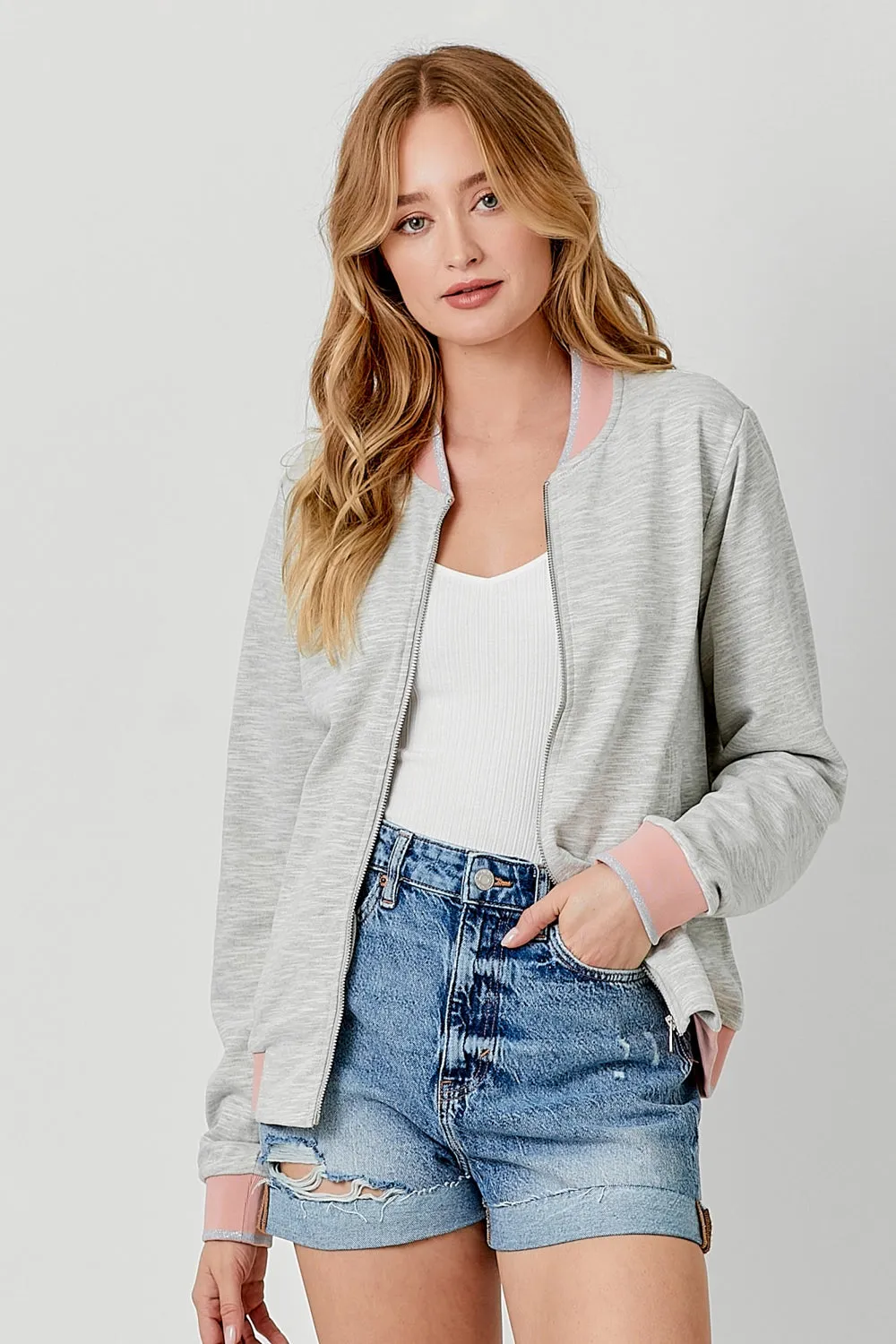 Light Gray Bomber Varsity Jacket w/ Pink Silver Metallic Hem