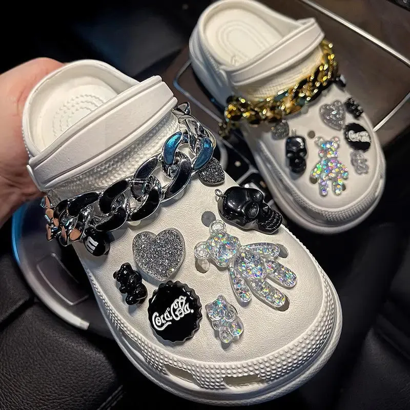 Luxury DIY Croc Charms Fashion Quality Women Shoes Charms Designer for Crocs Golden Chain Clogs Shoe Buckle All-match Kids Gift