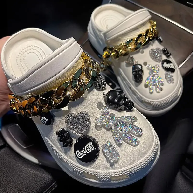Luxury DIY Croc Charms Fashion Quality Women Shoes Charms Designer for Crocs Golden Chain Clogs Shoe Buckle All-match Kids Gift