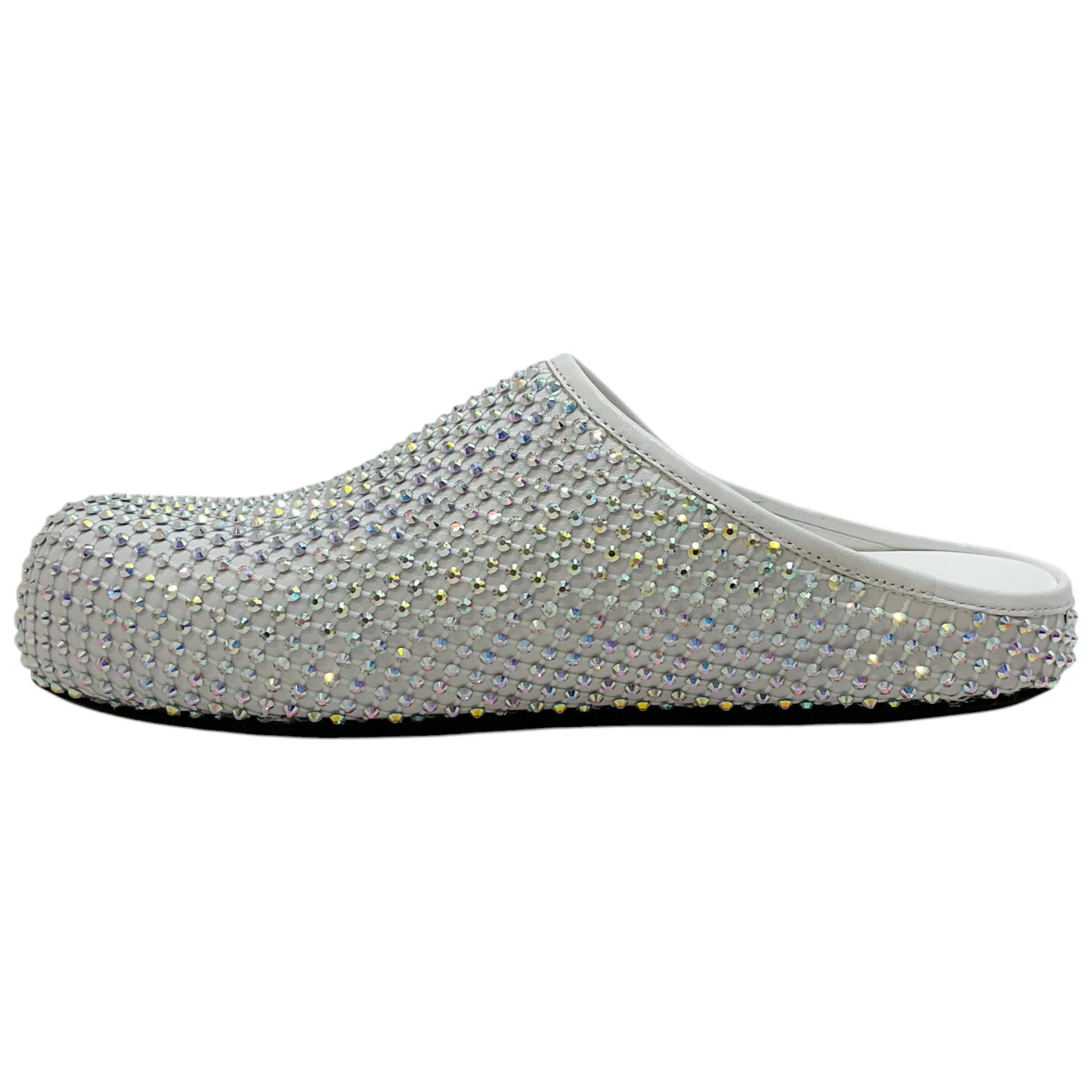 Marni White Leather Fussbett Clogs with Rhinestones