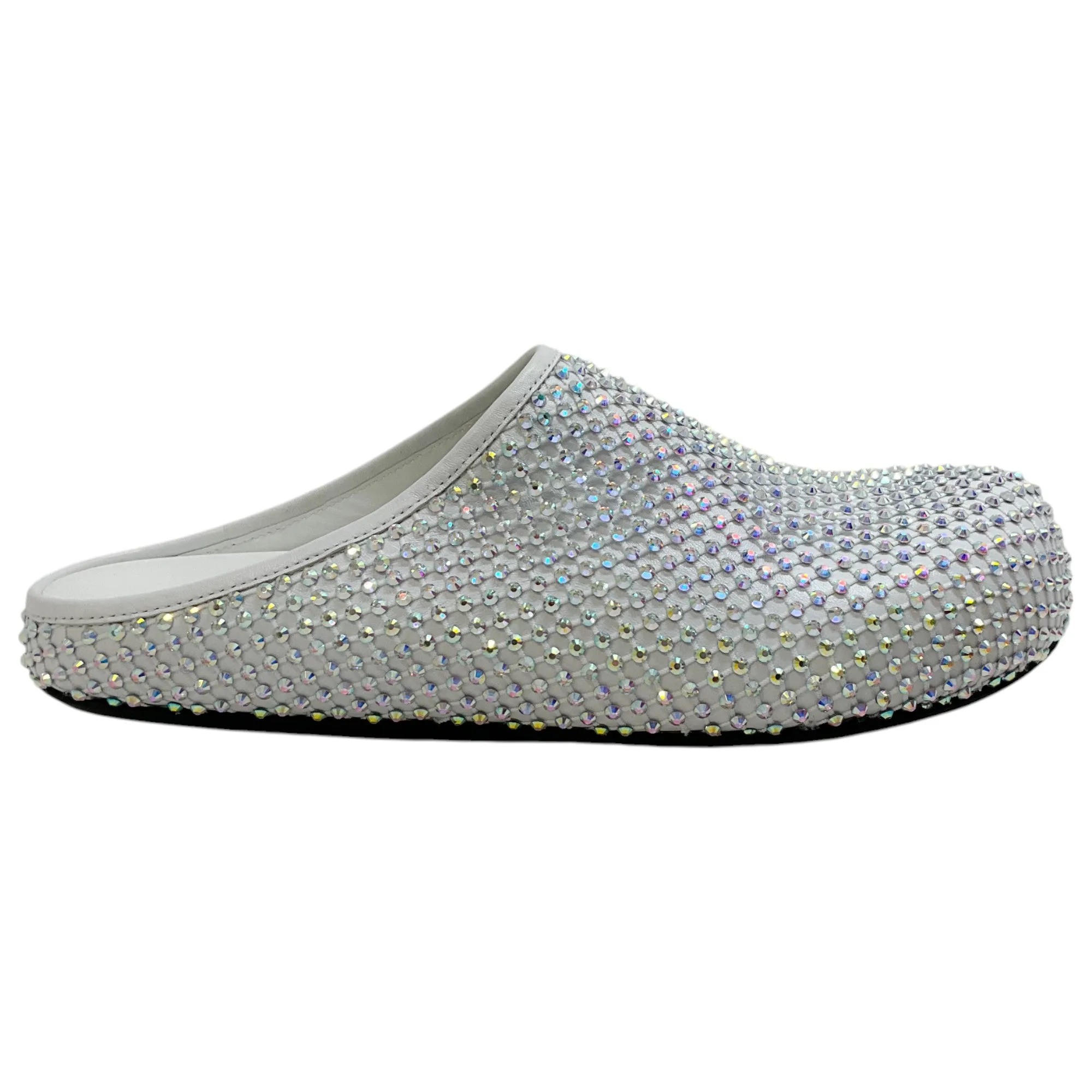 Marni White Leather Fussbett Clogs with Rhinestones