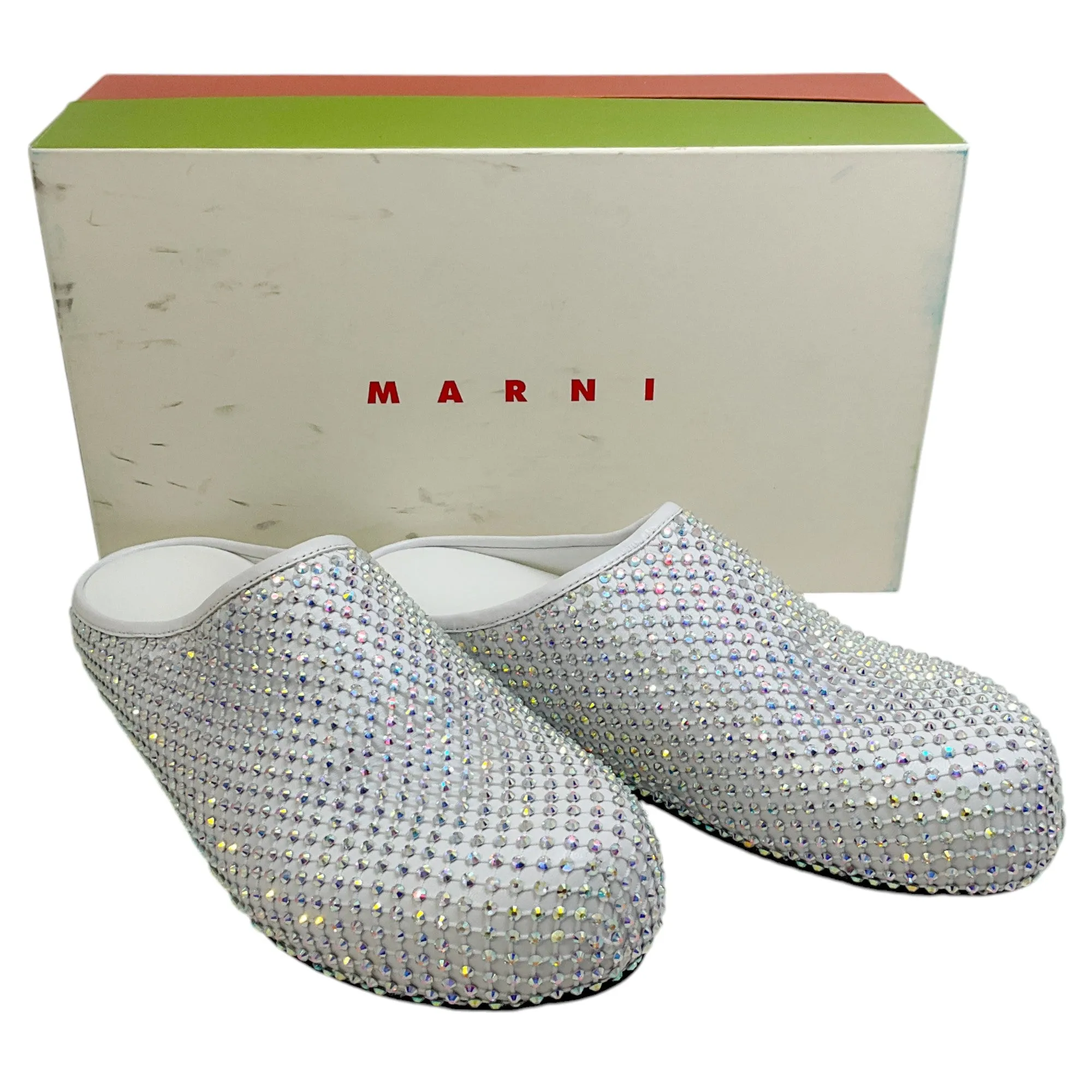 Marni White Leather Fussbett Clogs with Rhinestones