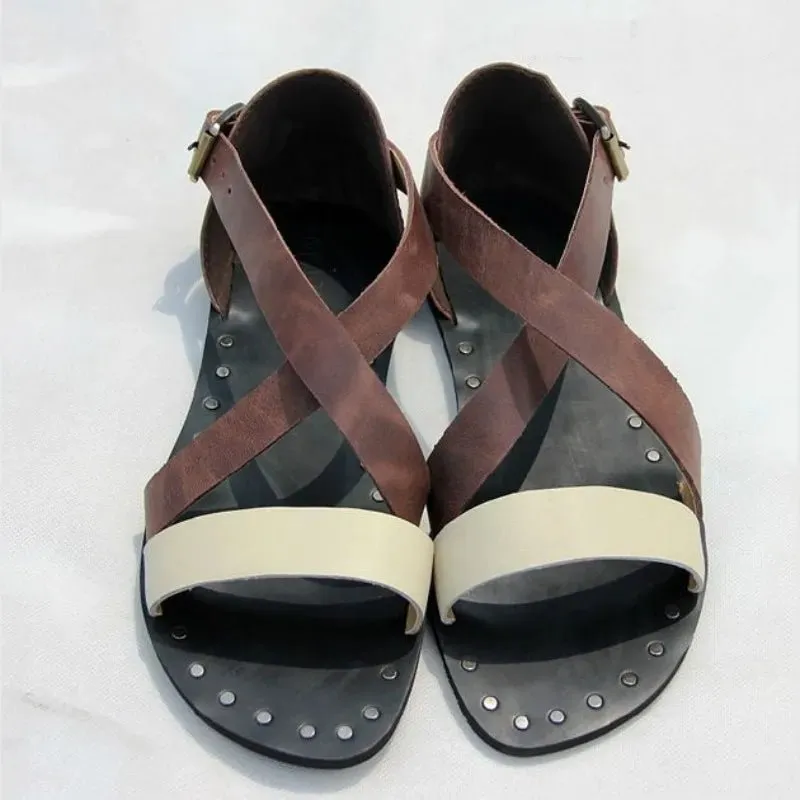 Men's Real Leather Black Rivet Gladiator Sandals for Summer