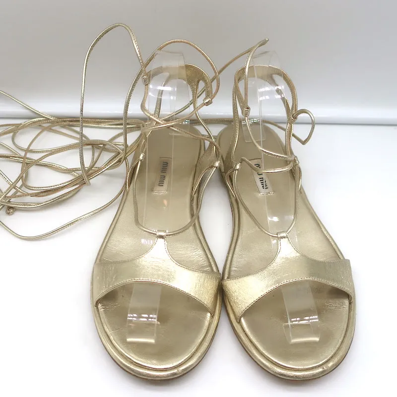 Miu Miu Ankle Wrap Flat Gladiator Sandals Gold Metallic Leather Size 38.5