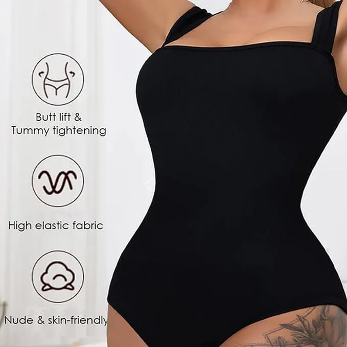 NEW HEEKPEK Bodysuit for Women Sleeveless Ribbed Square Neck One Piece Tank Tops Bodysuits Tummy Control Shapewear Sexy, BLACK, Sz 2XL
