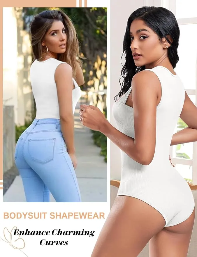NEW HEEKPEK Bodysuit for Women Sleeveless Ribbed Square Neck One Piece Tank Tops Bodysuits Tummy Control Shapewear Sexy, White, Sz 2XL