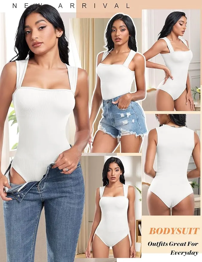 NEW HEEKPEK Bodysuit for Women Sleeveless Ribbed Square Neck One Piece Tank Tops Bodysuits Tummy Control Shapewear Sexy, White, Sz 2XL