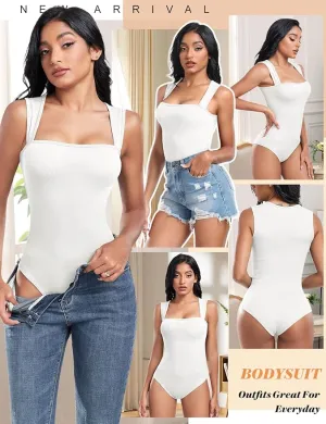 NEW HEEKPEK Bodysuit for Women Sleeveless Ribbed Square Neck One Piece Tank Tops Bodysuits Tummy Control Shapewear Sexy, White, Sz 2XL