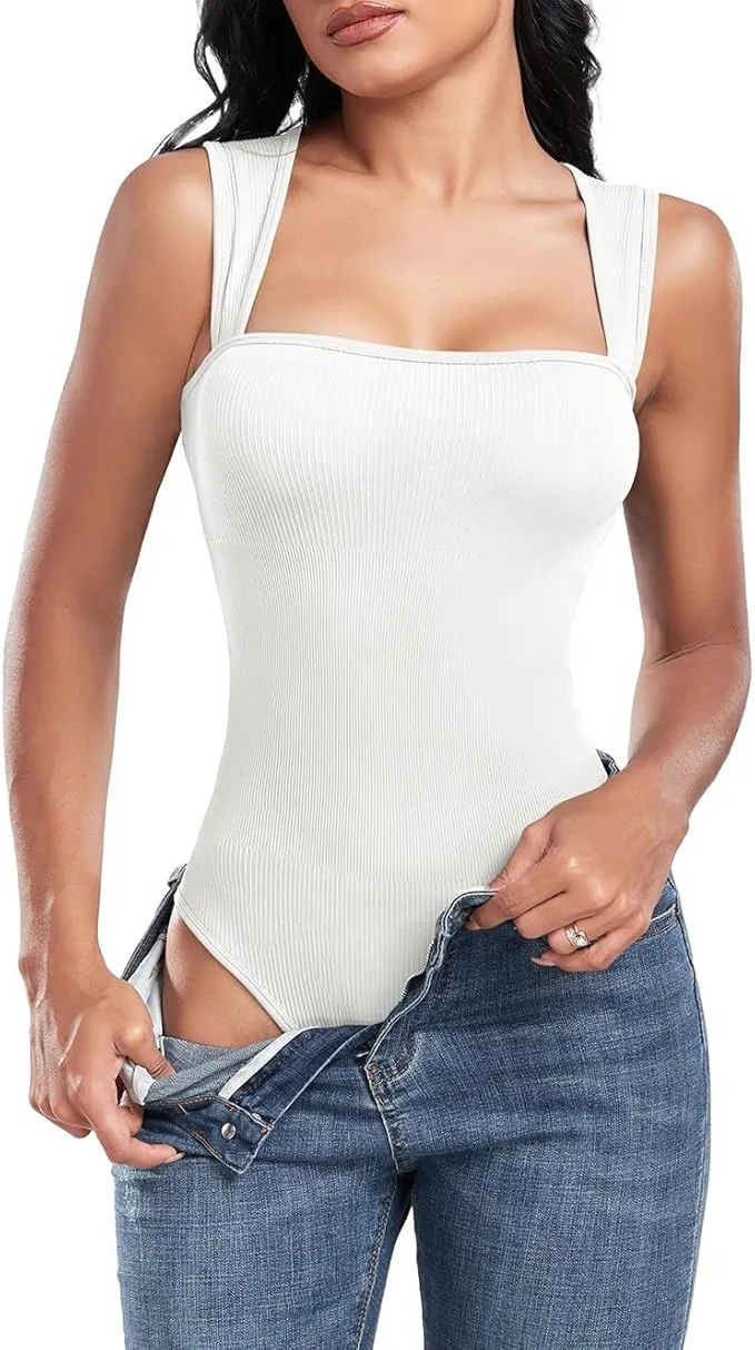 NEW HEEKPEK Bodysuit for Women Sleeveless Ribbed Square Neck One Piece Tank Tops Bodysuits Tummy Control Shapewear Sexy, White, Sz 2XL