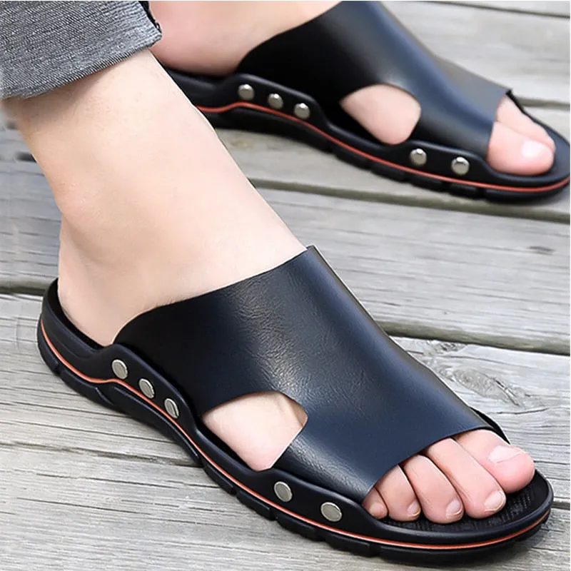 OEING Sandals men Genuine Leather Slippers Summer Brand Soft Comfortable Beach Slippers
