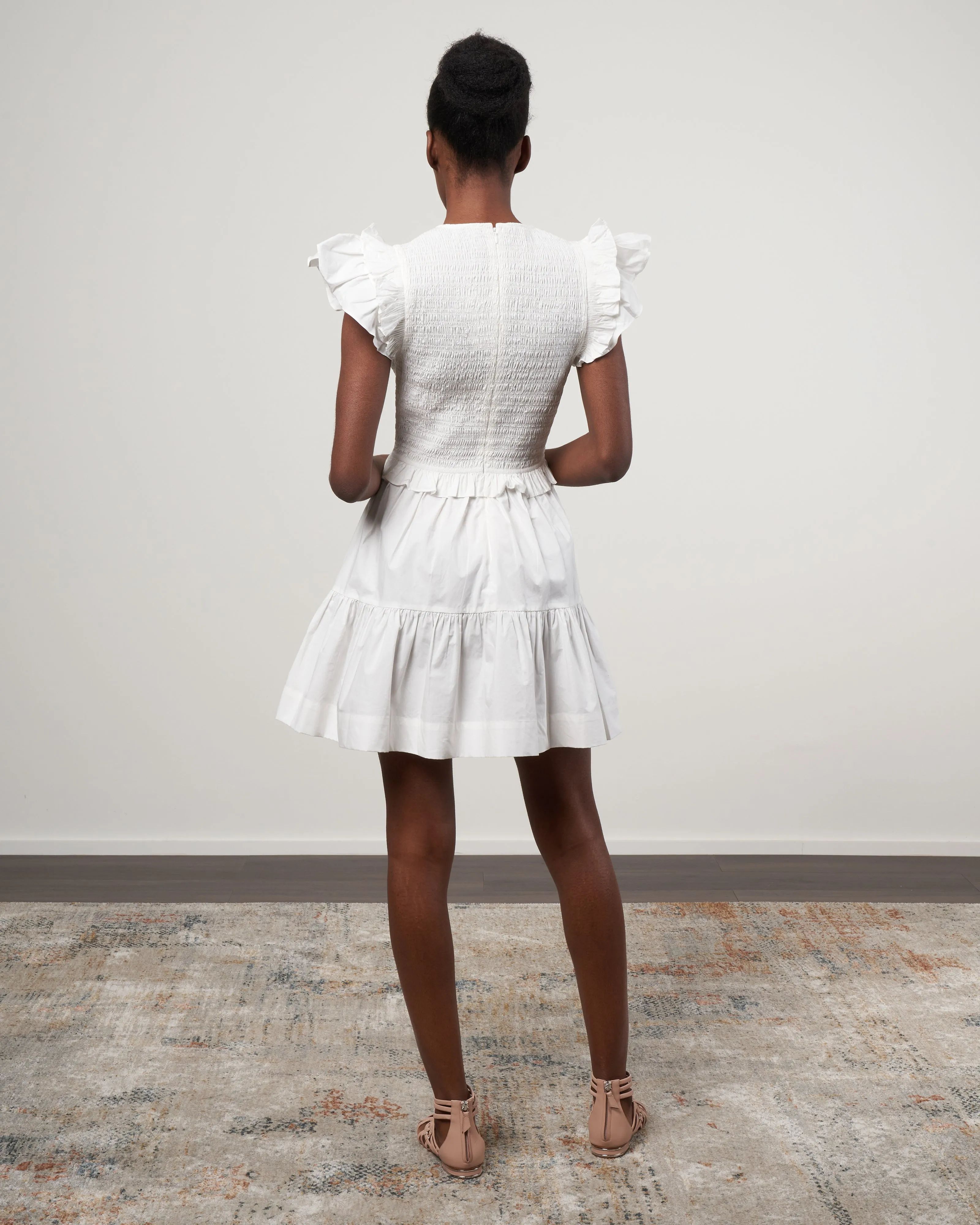 phoebe cotton flutter sleeve smocked dress - white