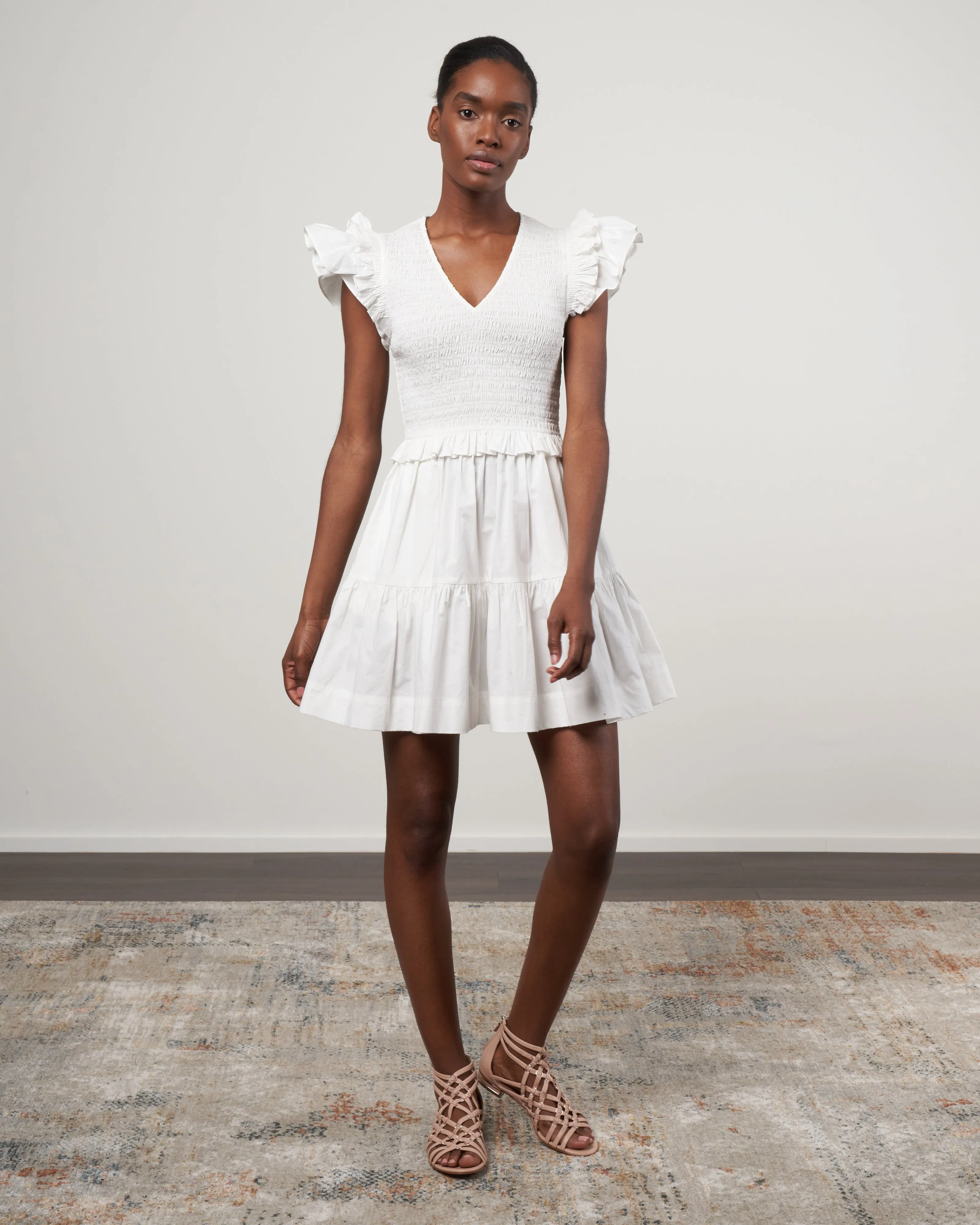 phoebe cotton flutter sleeve smocked dress - white