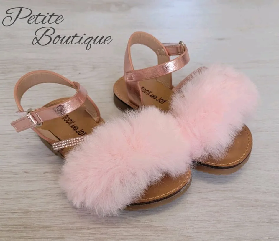 Pink faux fur strap sandals