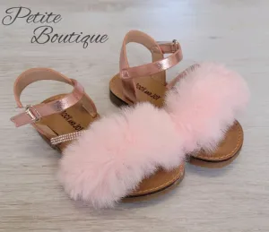 Pink faux fur strap sandals