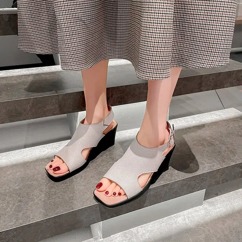 Plus Size 43 Shoes Women Summer Fashion Fish Flat Wedge Women's Sandals Buckle Closed Toe Roman Women's Sandles Sandalias Mujer