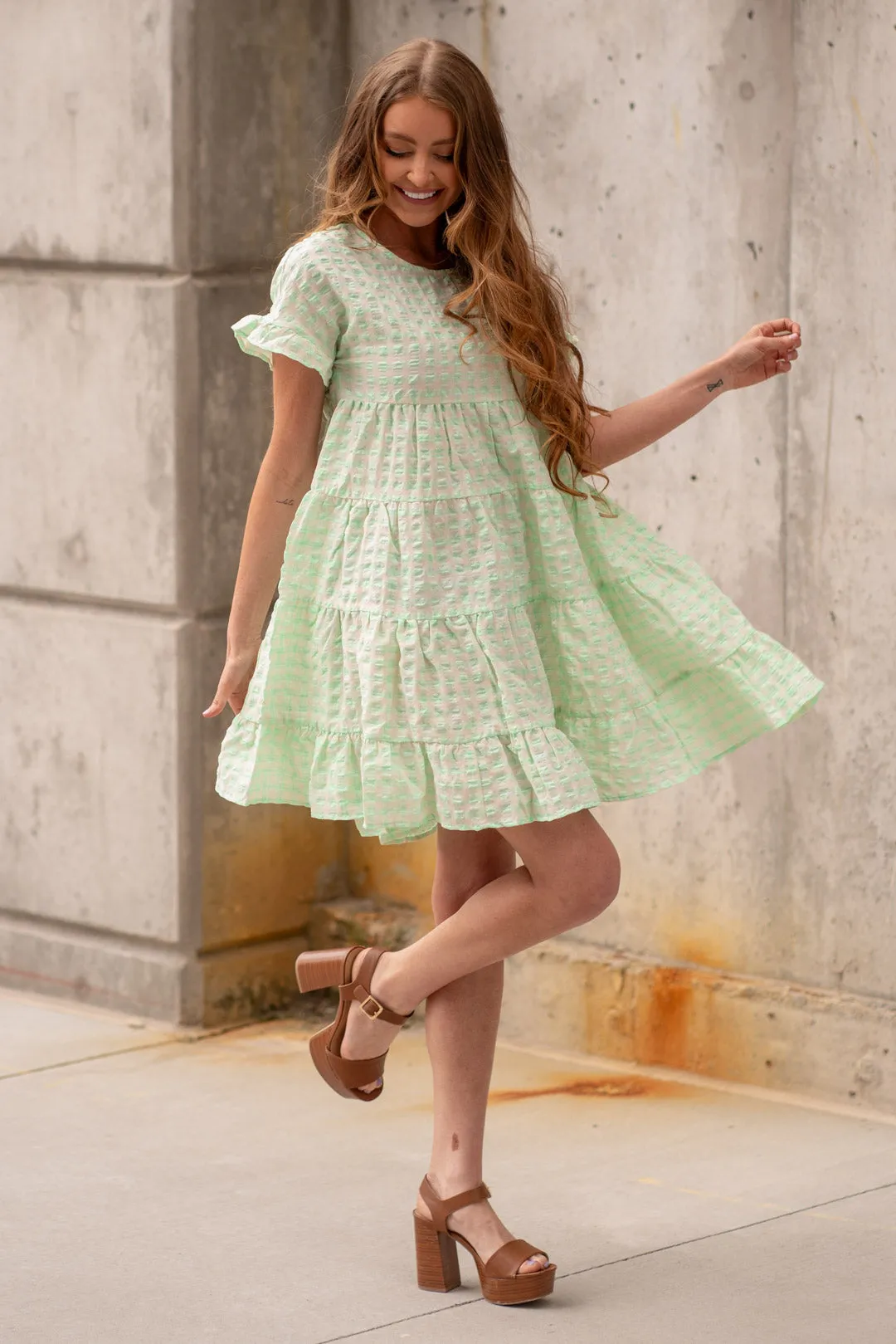 Ruffled Hem Short Sleeve Tiered Dress
