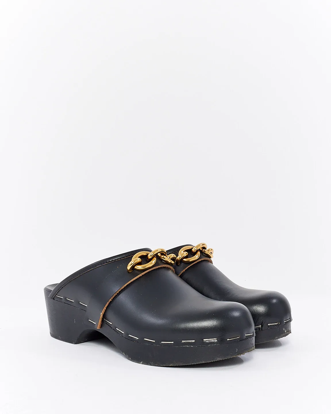 Saint Laurent Black Smooth Leather Le Maillon Chain Clogs - 7.5
