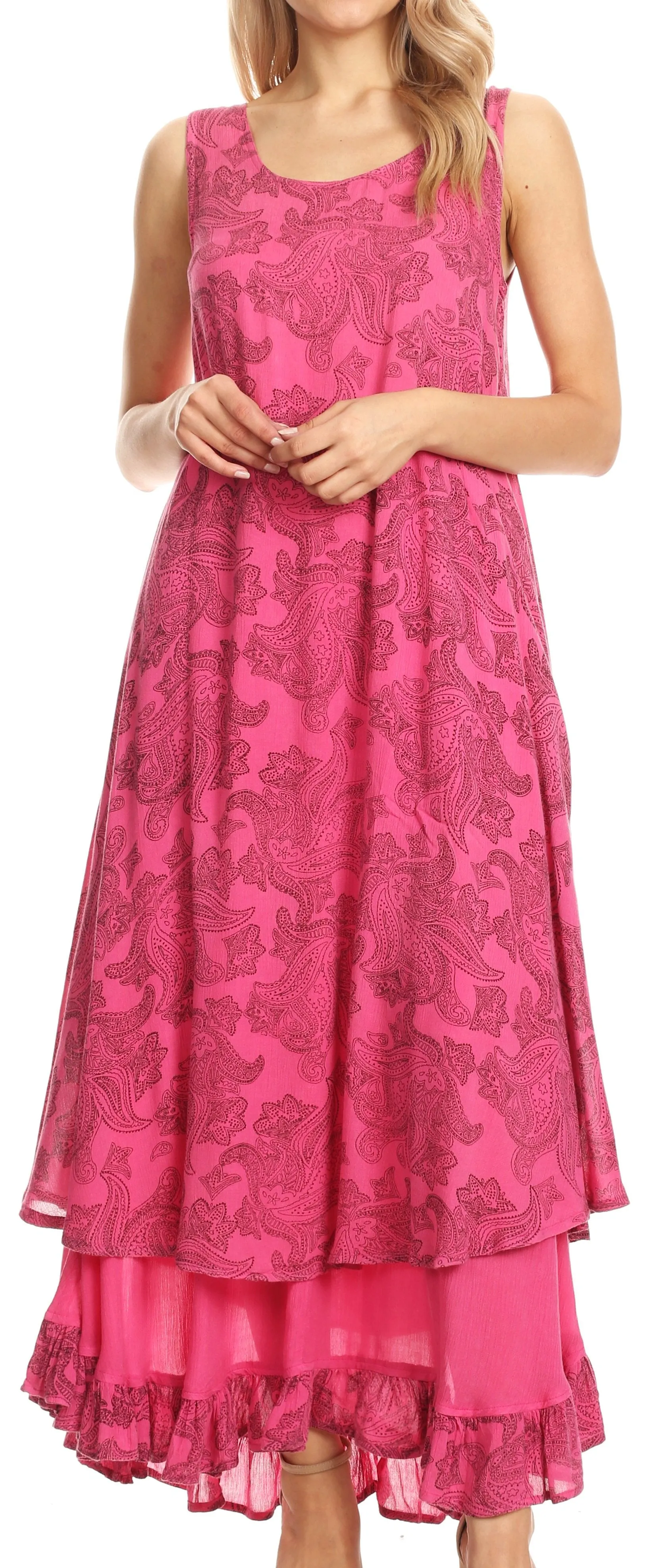 Sakkas Paak Tall Long Batik Paisely Print Ruffle Hem Lined Caftan Tank Top Dress