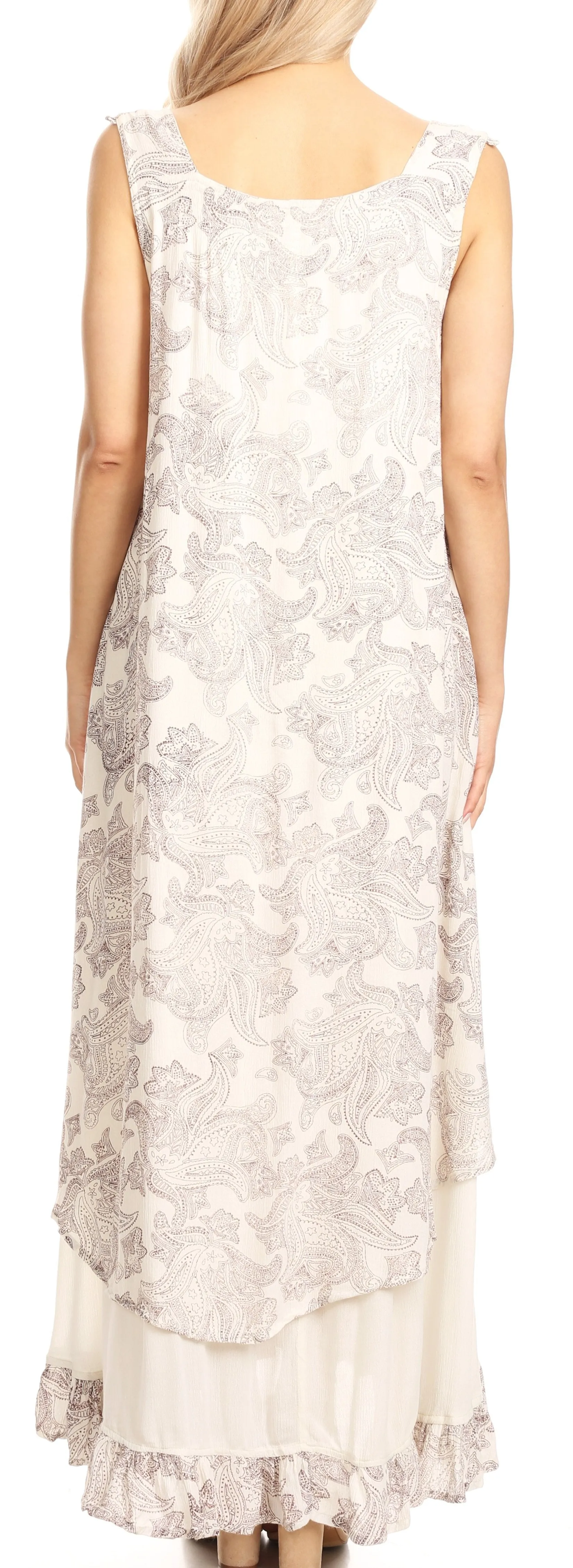 Sakkas Paak Tall Long Batik Paisely Print Ruffle Hem Lined Caftan Tank Top Dress