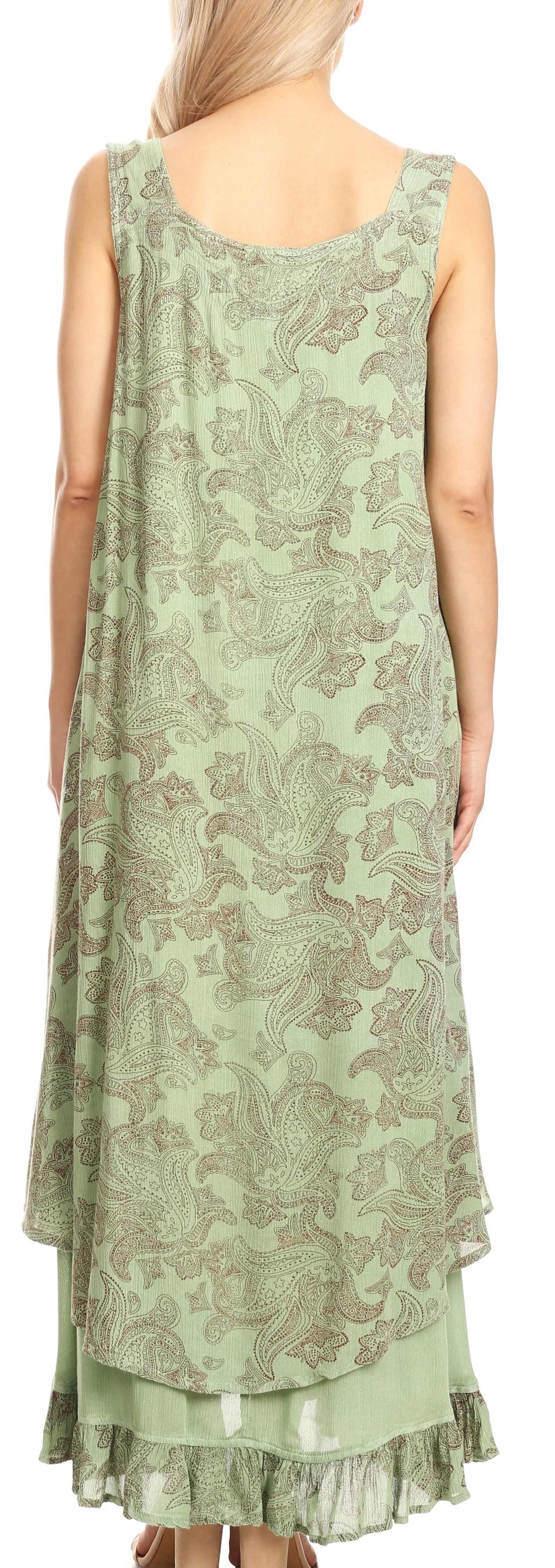 Sakkas Paak Tall Long Batik Paisely Print Ruffle Hem Lined Caftan Tank Top Dress