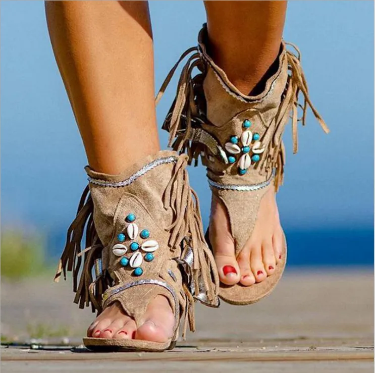Sandals Retro Gladiator Ladies Clip Toe Vintage Boots Casual Tassel Rome Summer Shoes Female New